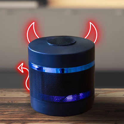 Blue cylindrical Bluetooth speaker with glowing LED band and red sound-wave icons