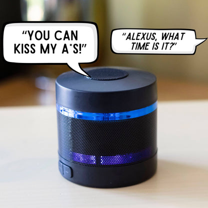 Blue cylindrical Bluetooth speaker with glowing LED band and speech-bubble callouts
