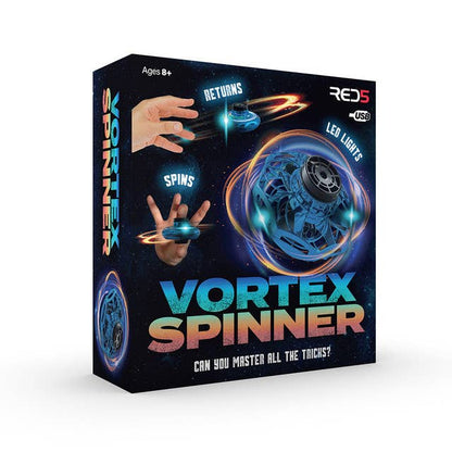 Blue vortex spinner toy in retail box with glowing design and hands graphic
