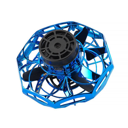 Blue translucent vortex spinner top with black circular center fan cover