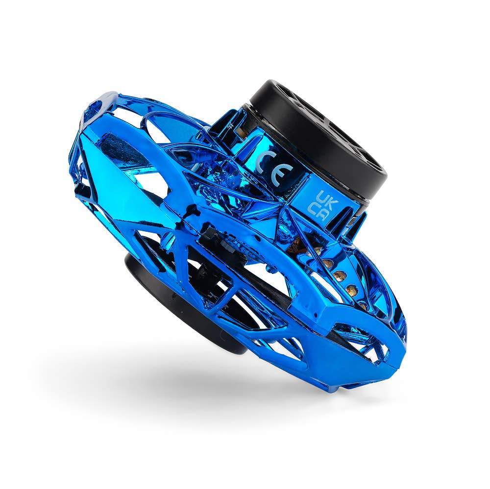 Blue translucent vortex spinner top with black capped handle and UKCA mark
