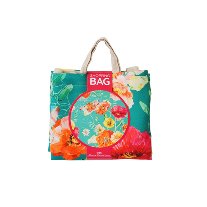Reusable shopping bag with teal floral print and red 'SHOPPING BAG' label