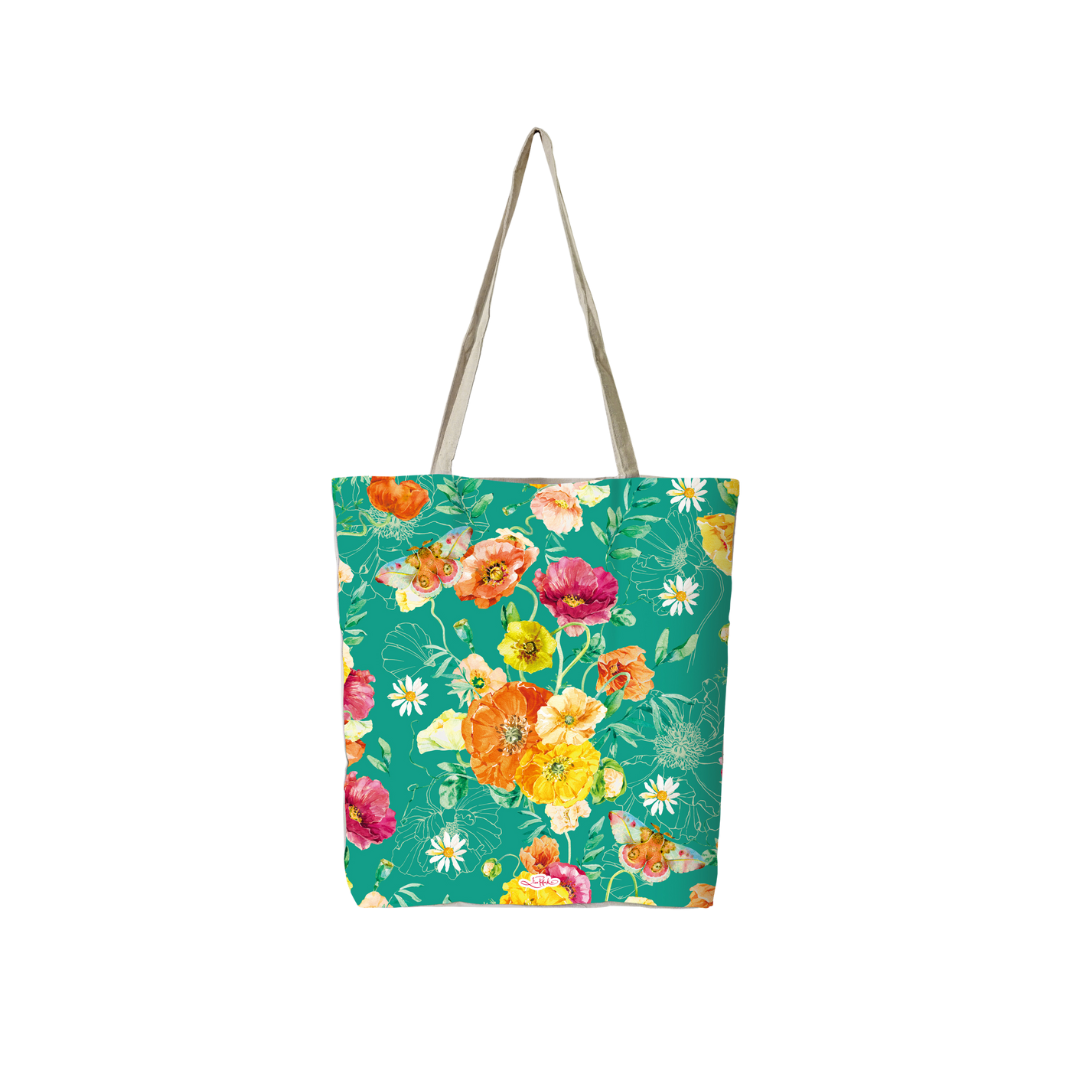 Reusable tote bag with teal base and colorful flower pattern, long white handles