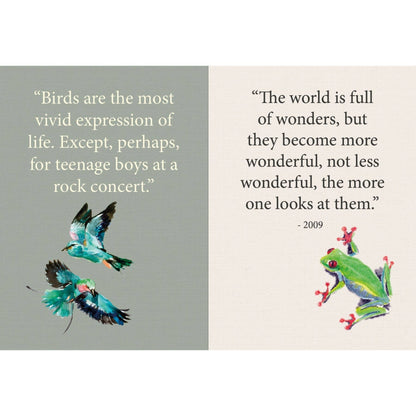 Open book spread with bird and reptile illustrations and quote text