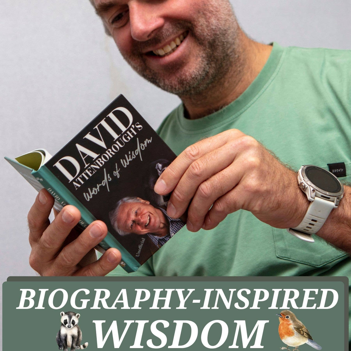 Words of Wisdom book held with wildlife-inspired wisdom graphic and small animal icons