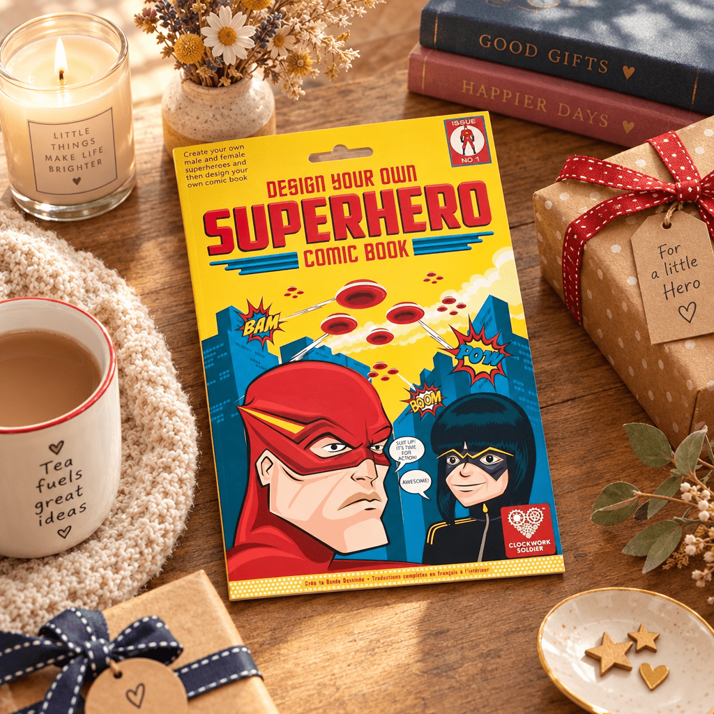 A packaged comic book kit titled "Design Your Own Superhero Comic Book" lies on a wooden table surrounded by cozy props, including a lit candle, a mug of tea, wrapped gift boxes, books, and small dried flowers.