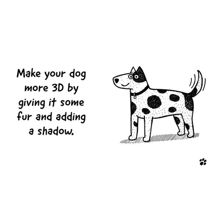 Open doodle dog book page with instruction text and outlined dog with shadow
