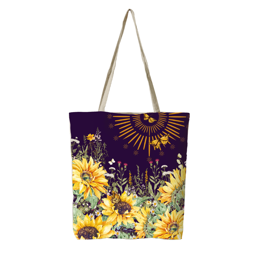 Reusable tote bag with purple floral sunflower design and butterfly accents, shoulder straps