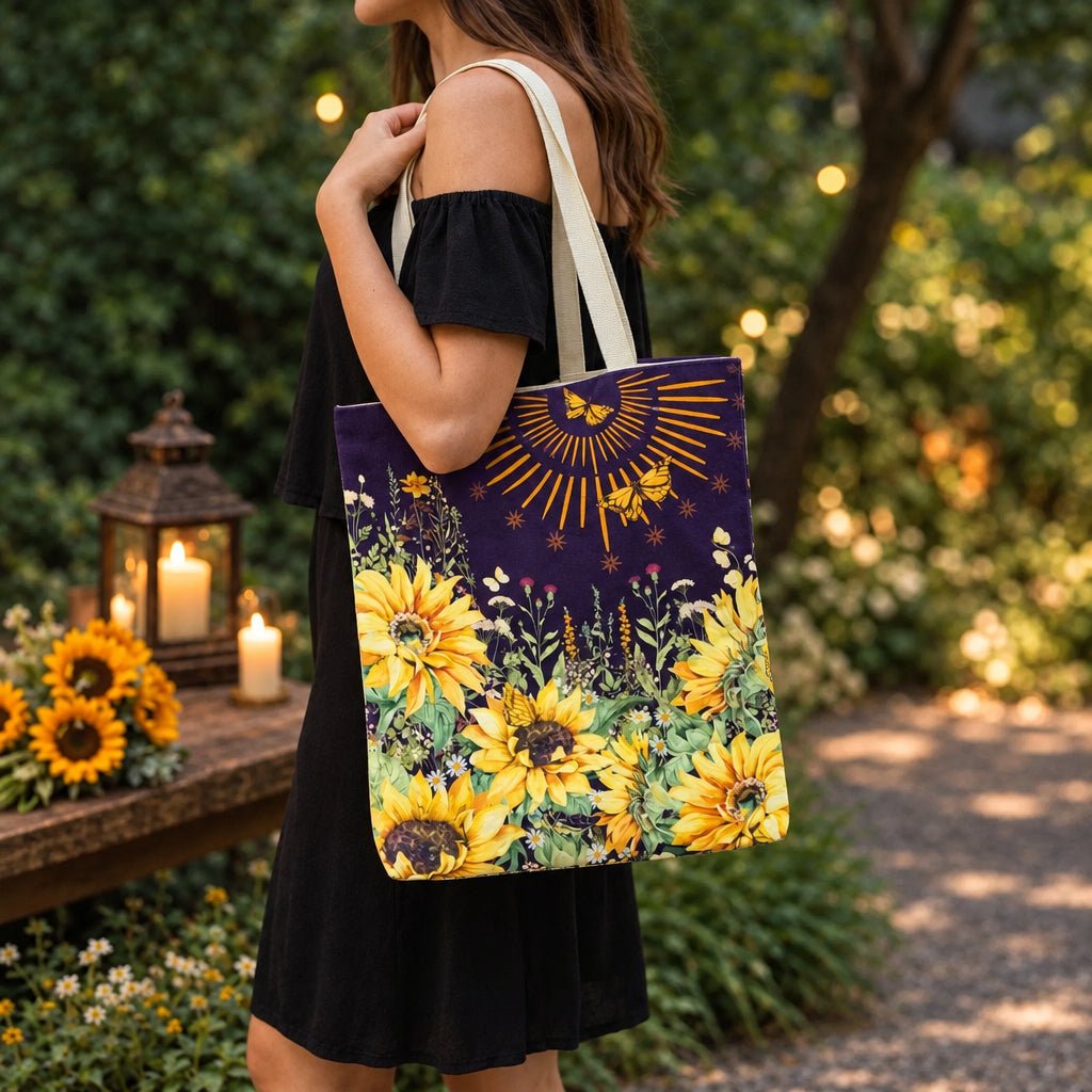 Reusable shopping bag in purple with sunflower and butterfly floral print, long handles