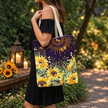Reusable shopping bag in purple with sunflower and butterfly floral print, long handles