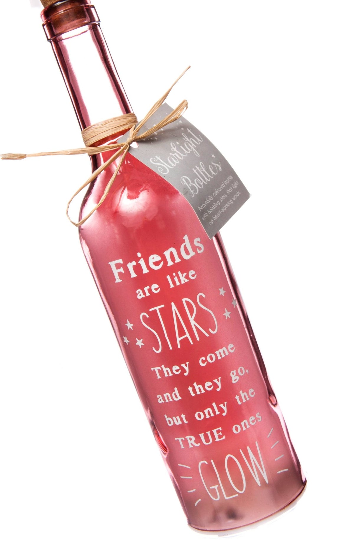 Pink starlight bottle close-up with cork, twine tie, and Friends are like STARS text.