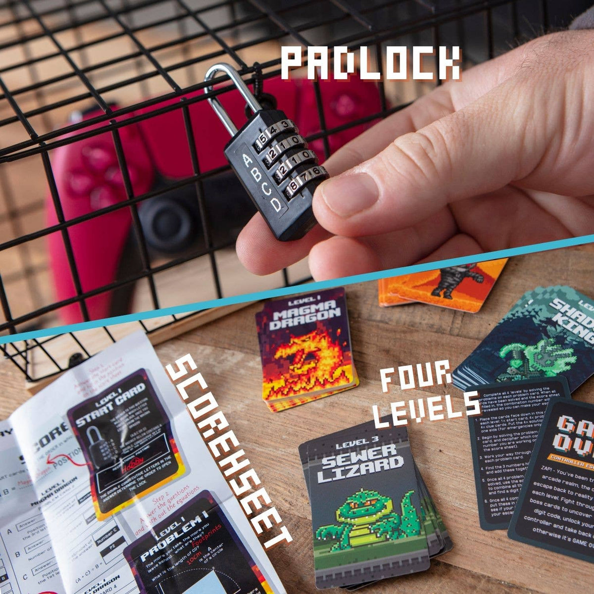 Hand holding a combination code padlock piece near the red wire cage