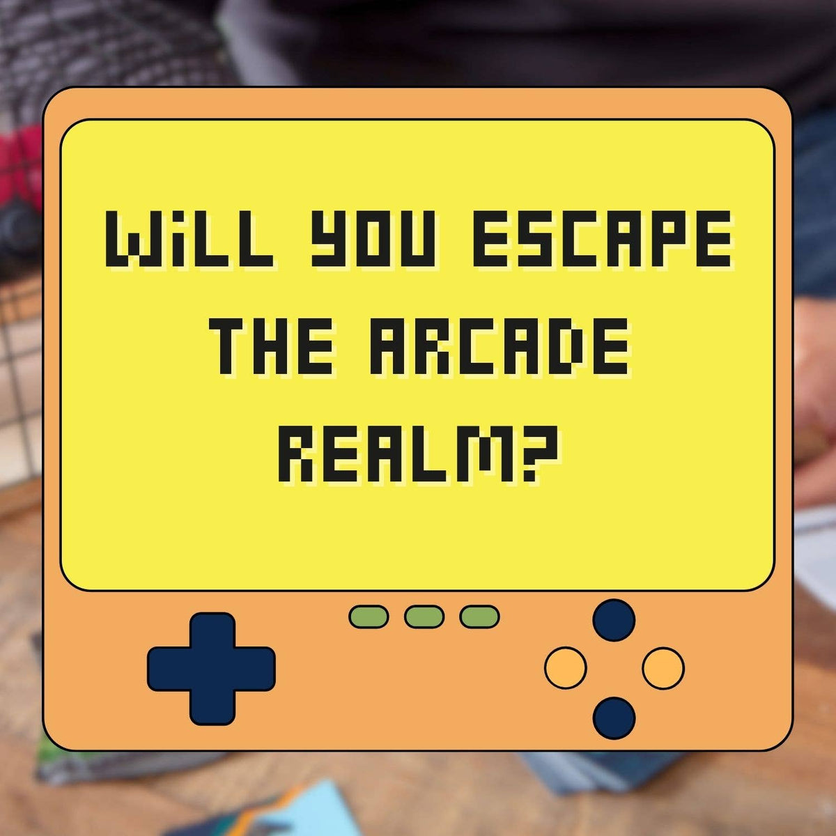 Controller-shaped puzzle card with yellow screen reading Will you escape the arcade?
