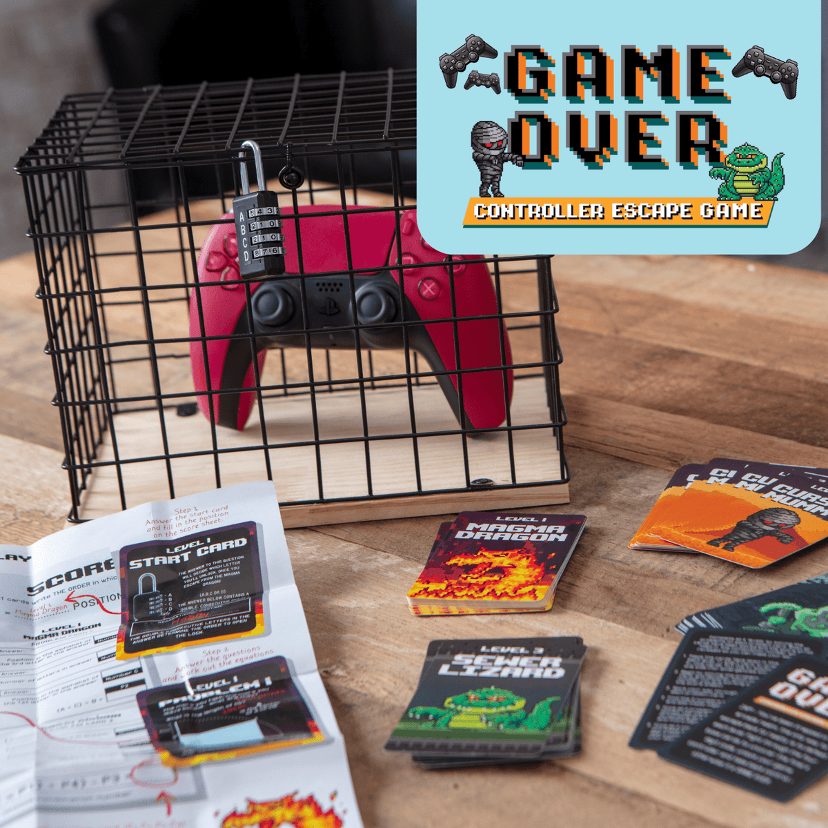 Metal wire cage playset with controller-shaped device and level cards on tabletop