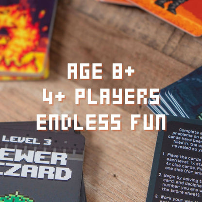 Puzzle instruction cards on table featuring age 8+ and 4+ players text