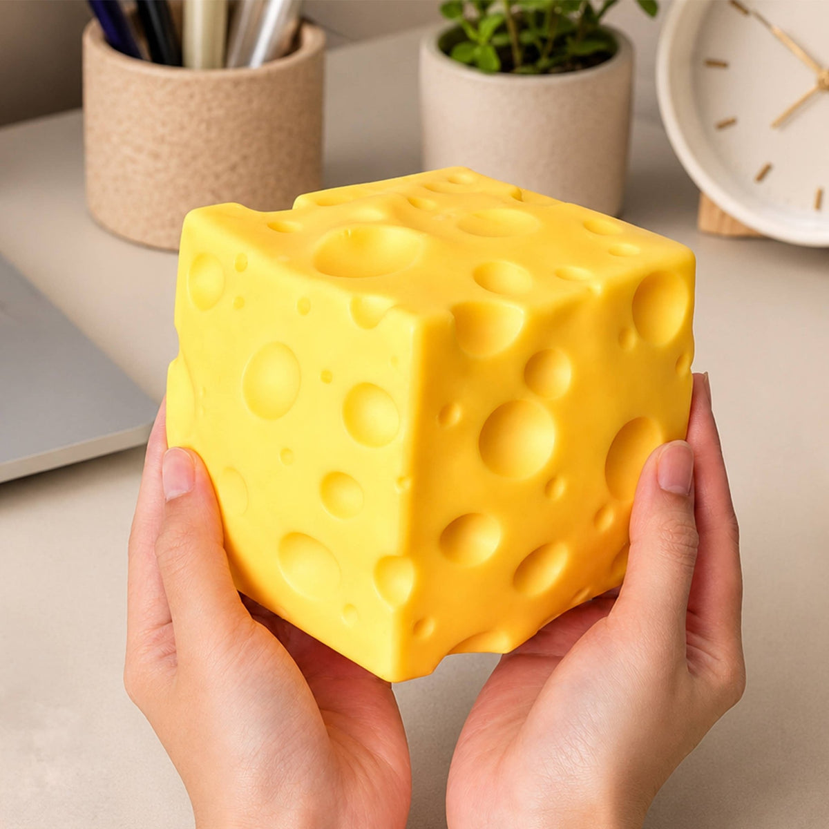 Giant yellow squishy cheese block toy with round holes, held in two hands