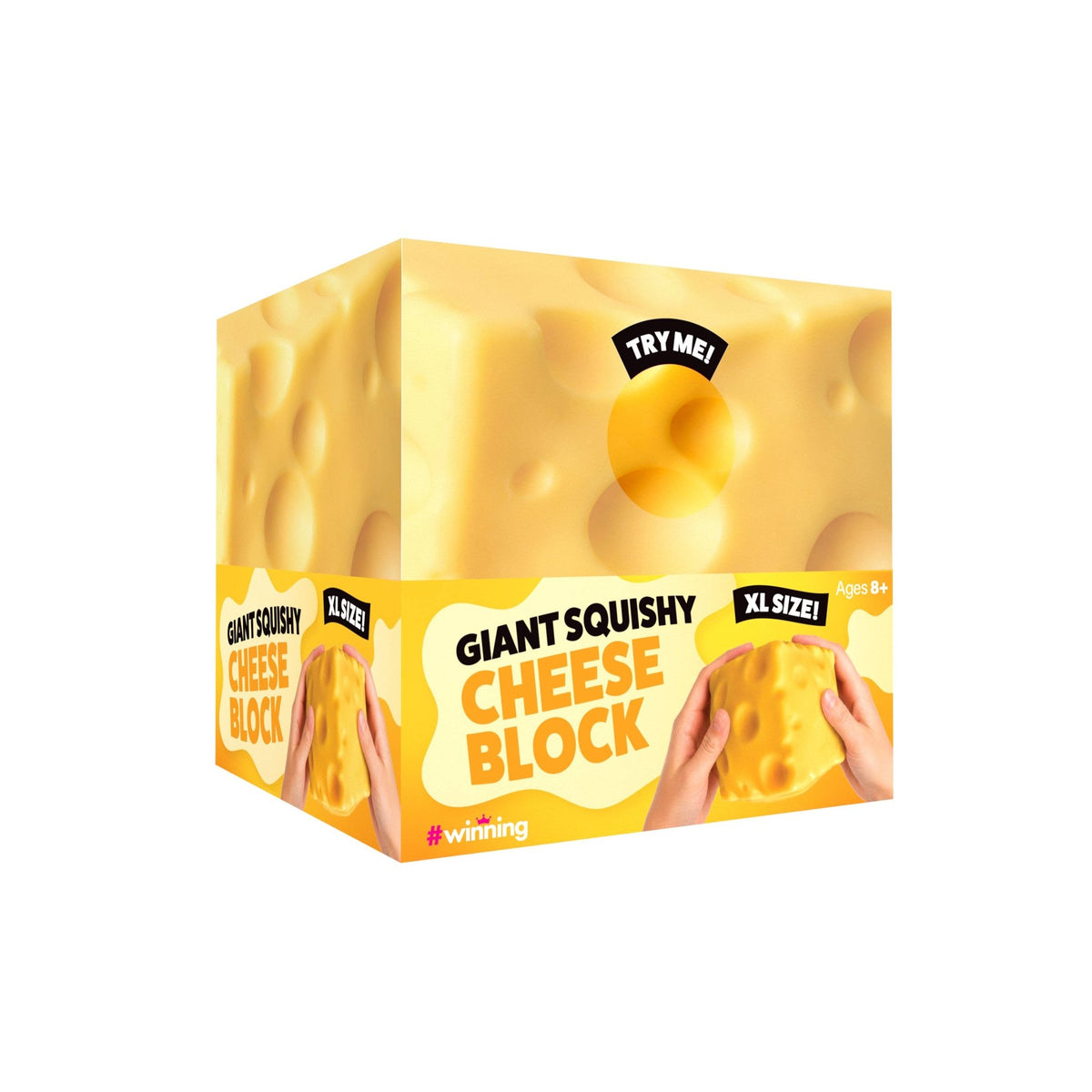 Retail box for giant squishy cheese block toy, showing a yellow cheese block