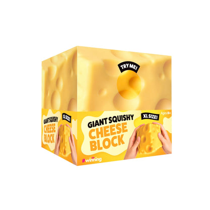 Retail box for giant squishy cheese block toy, showing a yellow cheese block