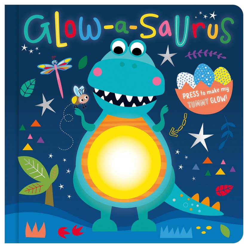 Glow-a-saurus illustrated blue dinosaur with a bright glowing belly circle