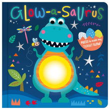 Glow-a-saurus illustrated blue dinosaur with a bright glowing belly circle