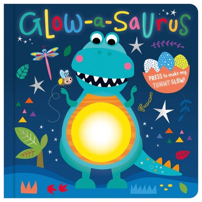 Glow-a-saurus illustrated blue dinosaur with a bright glowing belly circle