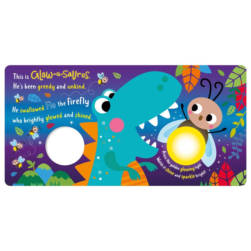 Glow-a-saurus dinosaur scene with two glowing circles and a left white cutout