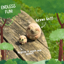 Two grow sloth toys, one small and one egg-shaped, on a wooden log