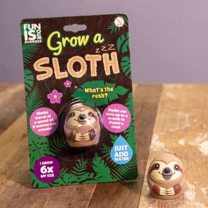 Grow-a-sloth water-activated toy in retail blister pack with small sloth figure