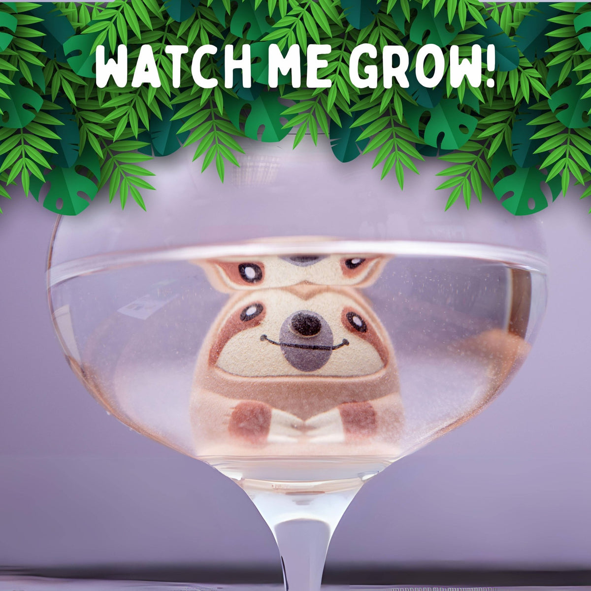 Egg-shaped sloth toy inside a clear cup of water, viewed close-up