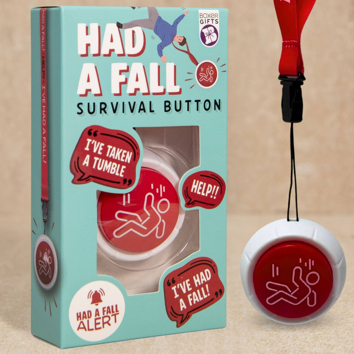 Novelty fall survival button gift set with hanging red and white button, in box