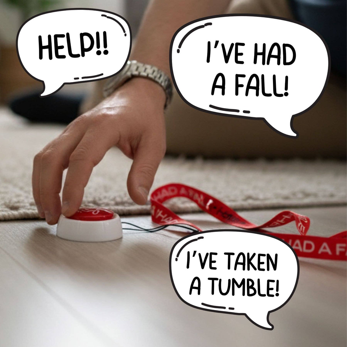 Red emergency novelty button with speech bubbles saying “Help!!” and “I’ve had a fall!”