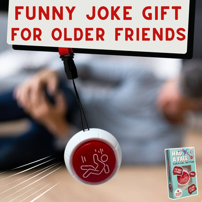 Novelty fall survival button swinging with red emergency face, “Funny joke gift” card