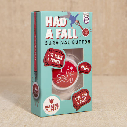 Had a Fall Survival Button novelty gift box with illustrated warning button graphics