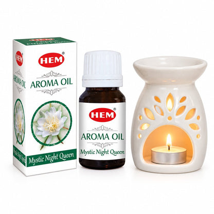 HEM aroma oil bottle with white cap, brown glass, Mystic Night Queen label