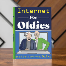 Novelty book "Internet For Oldies" cover with two seniors on a laptop, blue and green.
