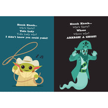 Knock-knock joke book pages with two illustrated panels on teal and dark backgrounds