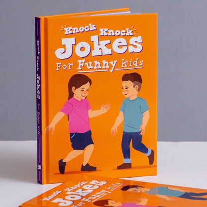 Children's knock-knock joke book with orange cover and cartoon kids, hardback