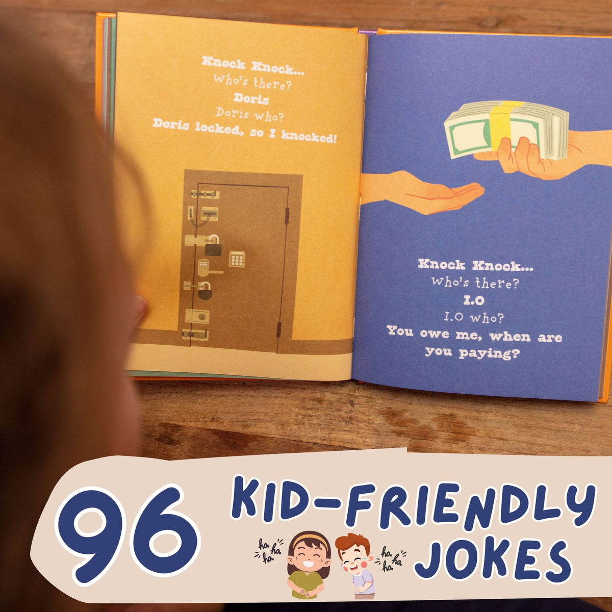 Children's knock-knock joke book open to door-themed and cash-themed joke pages