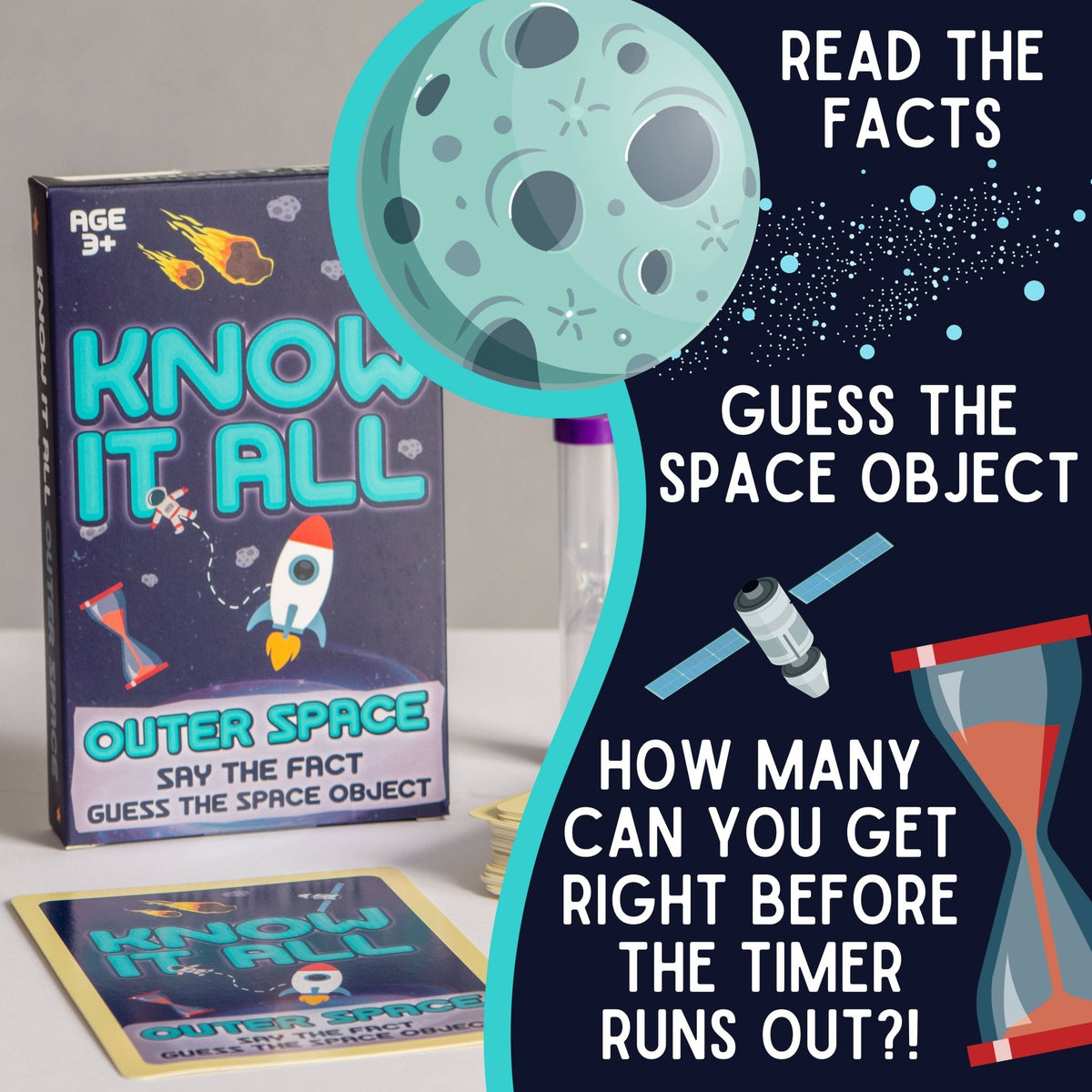 Outer space card game box with moon graphic and rocket cards in front