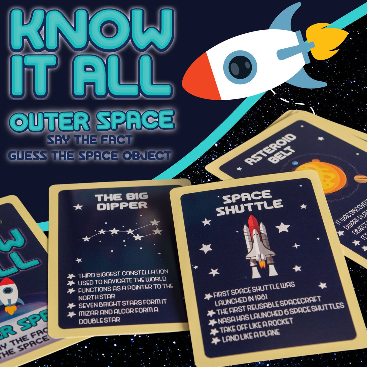 Outer space card game box and fact cards with rocket, shuttle, and moon artwork