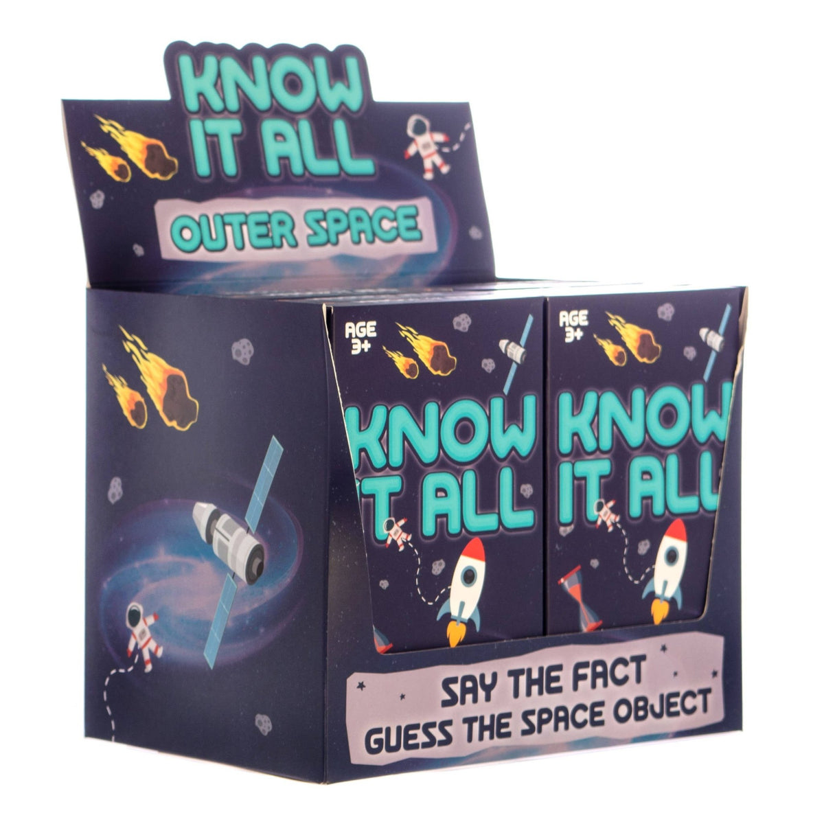 Outer space card game box set with rocket and 'Know It All' title design