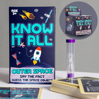 Outer space card game box with rocket graphics, plus clear storage tube and cards