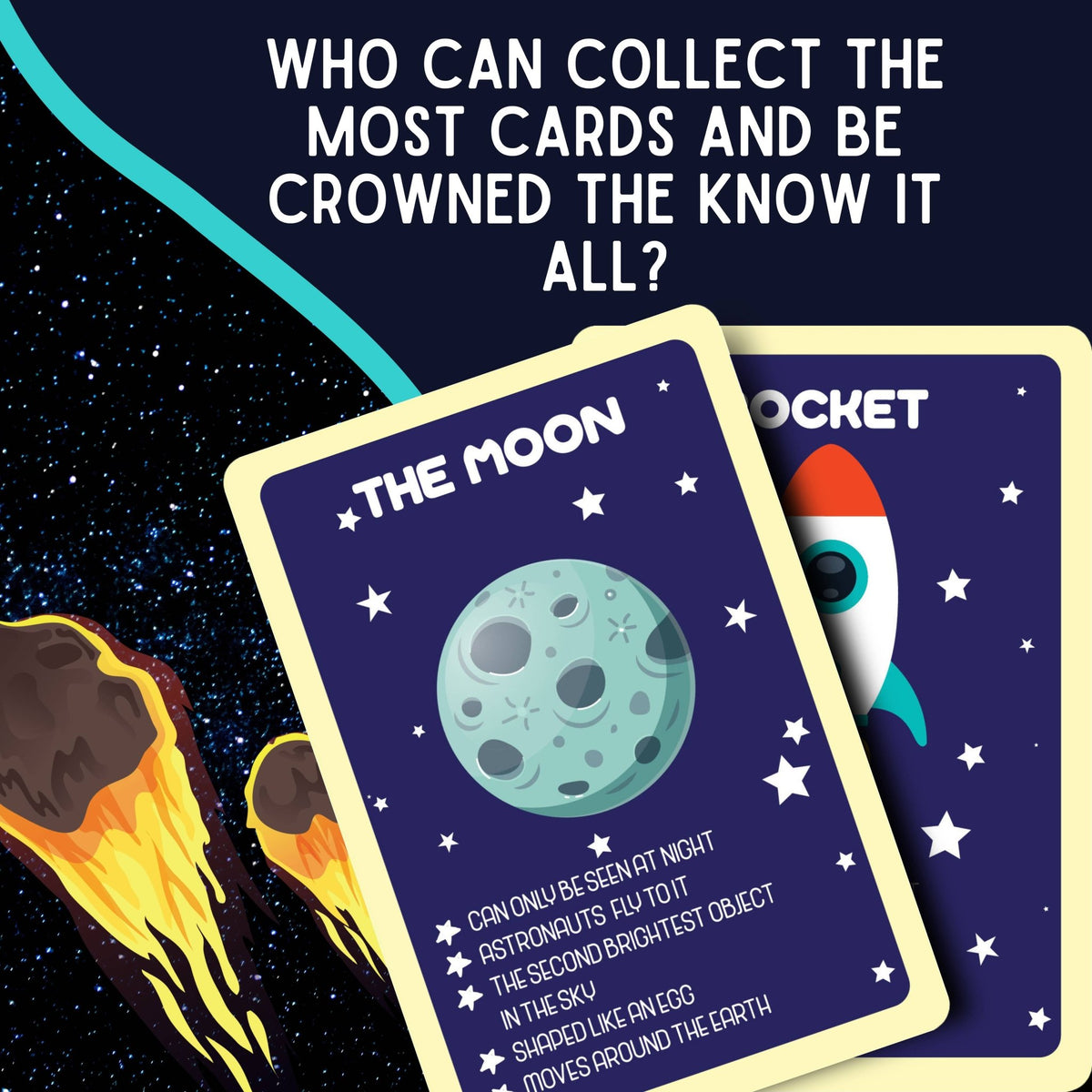 Outer space card game fact cards featuring a moon and starry outer space art
