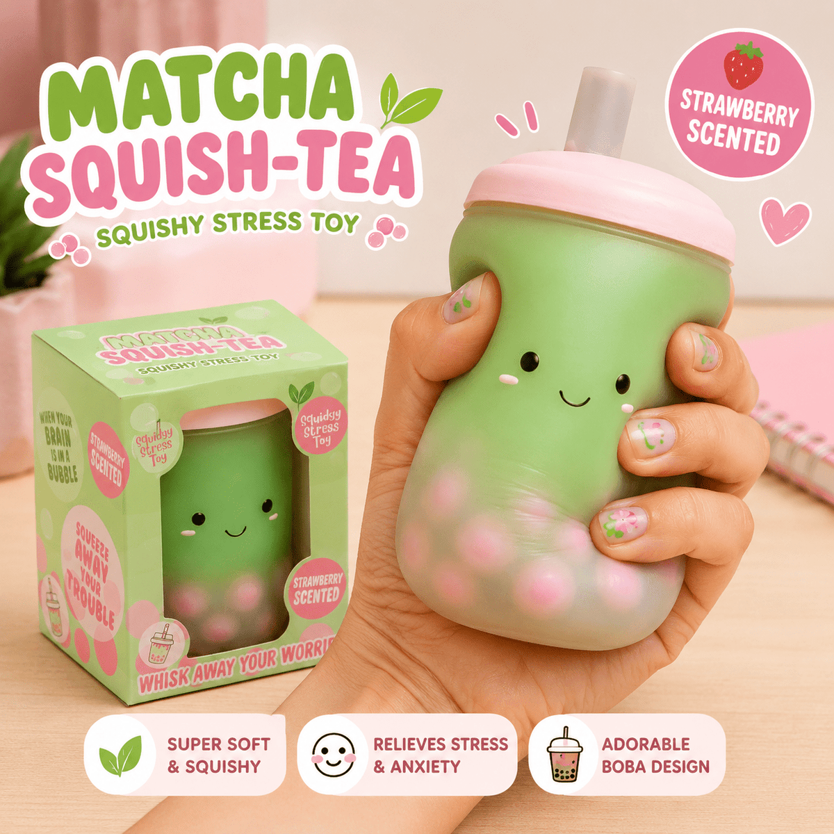 Matcha Squish-Tea Strawberry Scented Boba Squishy Toy Quirky Turkey Gifts