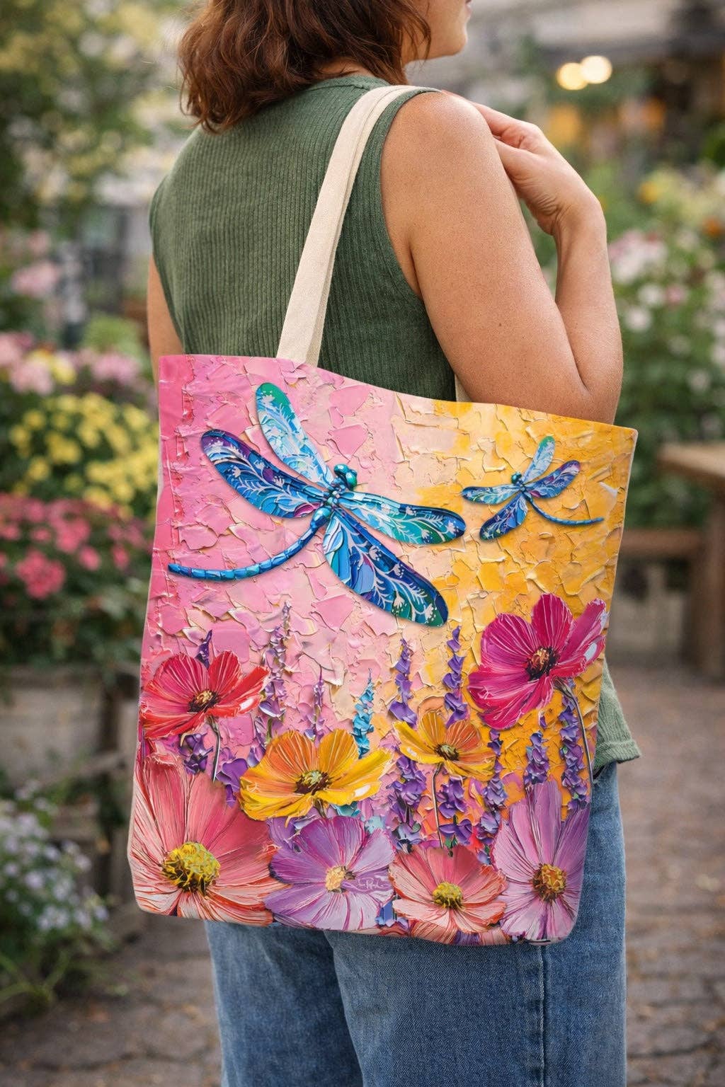 Reusable shopping tote bag with bright floral and blue bird/dragonfly print