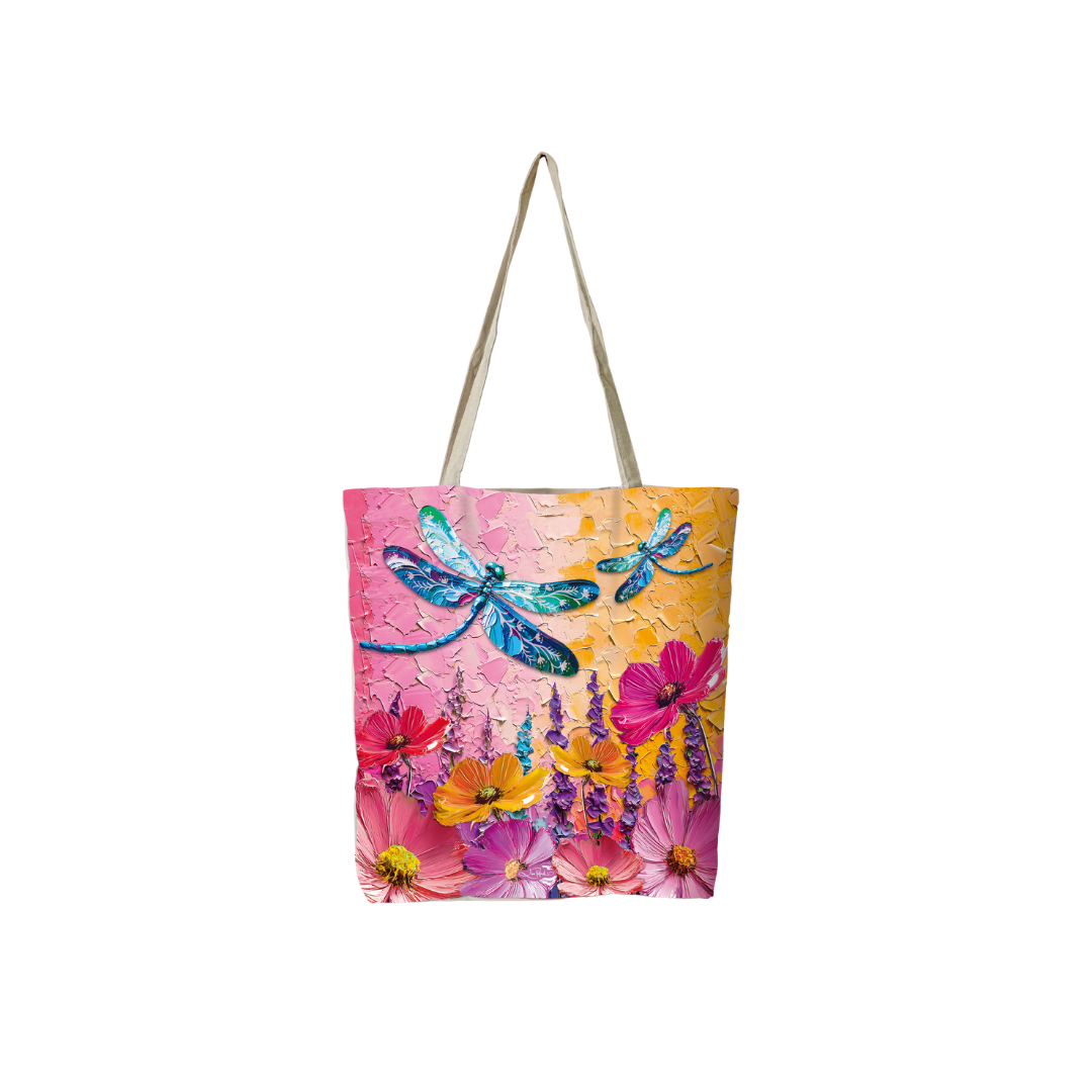 Reusable shopping tote bag with colorful floral and blue dragonfly print, rope handles