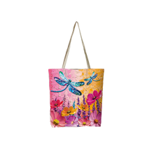 Reusable shopping tote bag with colorful floral and blue dragonfly print, rope handles