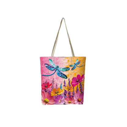 Reusable shopping tote bag with colorful floral and blue dragonfly print, rope handles