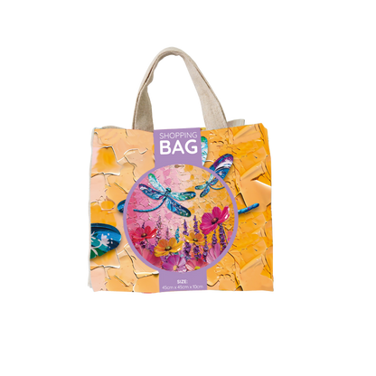 Reusable shopping tote bag with floral bird/dragonfly print and SHOPPING BAG label