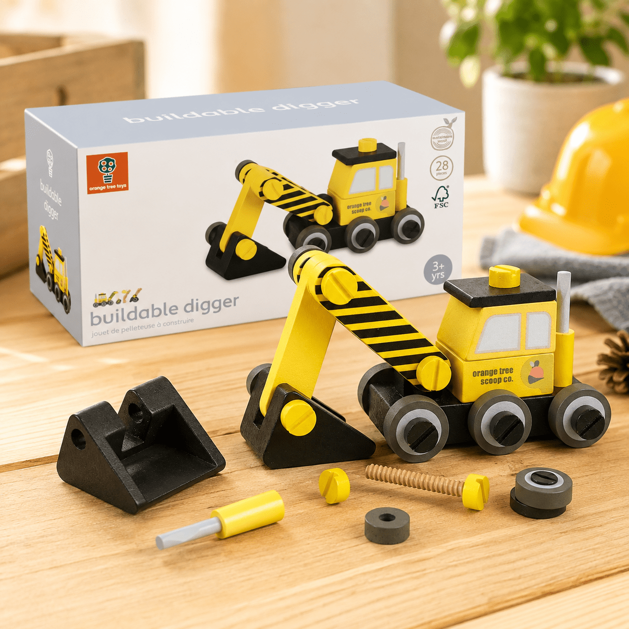 Orange Tree Toys Buildable Wooden Digger – 28 Piece Construction Toy Quirky Turkey Gifts
